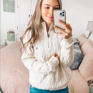 Cream Cable Knit Quarter-Zip Polo Sweater